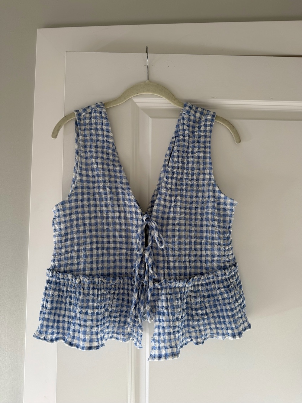 Zara Blue and White Gingham Tie-Back Peplum Tank